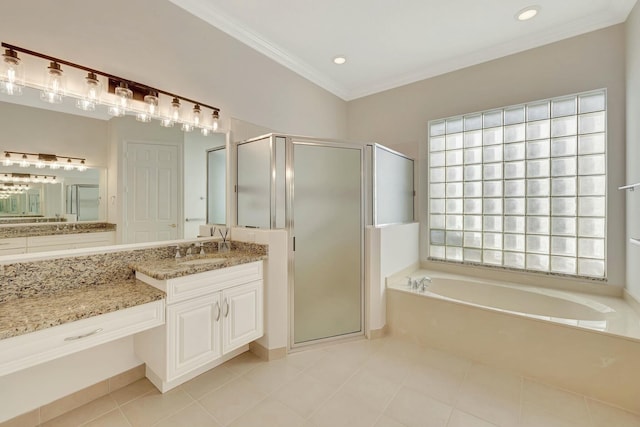 bathroom with tile patterned flooring, vanity, ornamental molding, and plus walk in shower