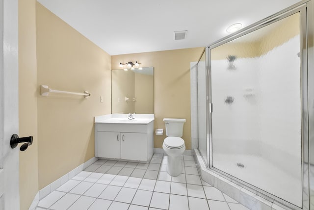 bathroom featuring tile patterned flooring, vanity, a shower with door, and toilet