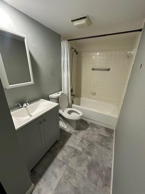 full bathroom with vanity, toilet, and shower / bathtub combination with curtain