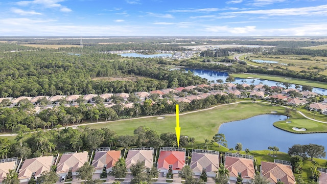 drone / aerial view featuring a water view