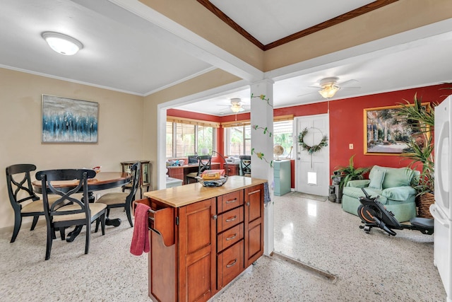 kitchen featuring crown molding and ceiling fan