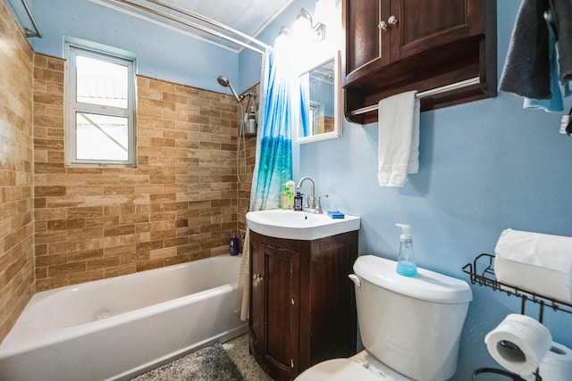 full bathroom with vanity, toilet, and shower / bathtub combination with curtain