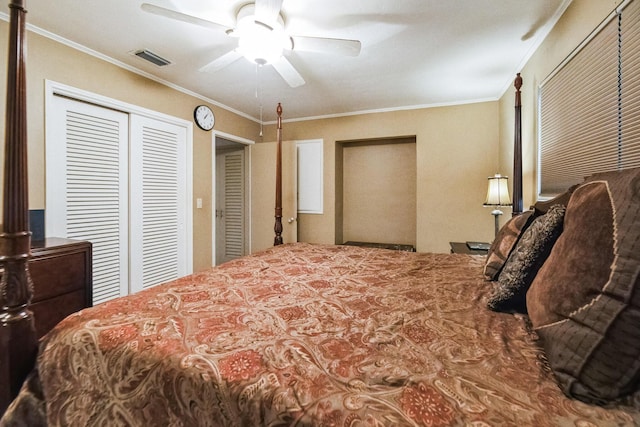 bedroom featuring ceiling fan and ornamental molding