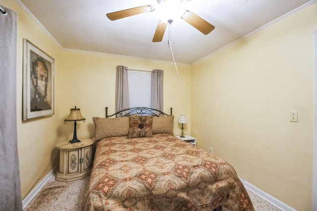 carpeted bedroom featuring ceiling fan and ornamental molding