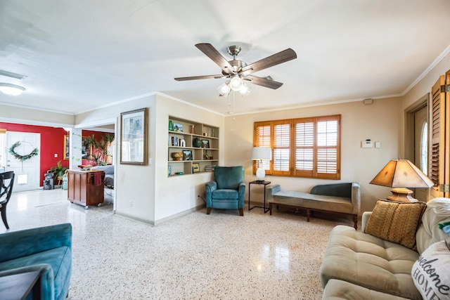 living room featuring built in features, ceiling fan, and ornamental molding