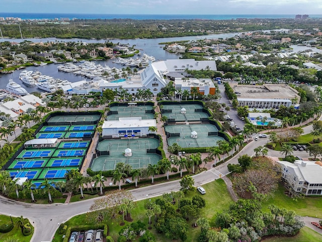 birds eye view of property featuring a water view