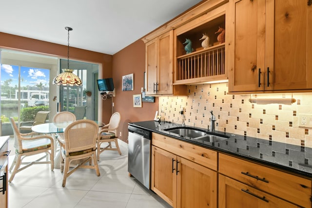 kitchen featuring sink, hanging light fixtures, stainless steel dishwasher, decorative backsplash, and dark stone countertops