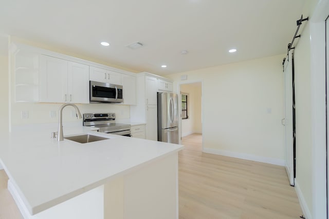 kitchen featuring white cabinets, sink, light hardwood / wood-style floors, kitchen peninsula, and stainless steel appliances