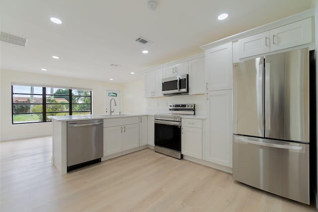 kitchen with white cabinets, kitchen peninsula, sink, and appliances with stainless steel finishes