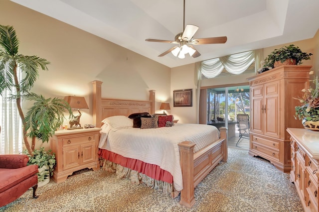 bedroom with access to outside, ceiling fan, and light carpet