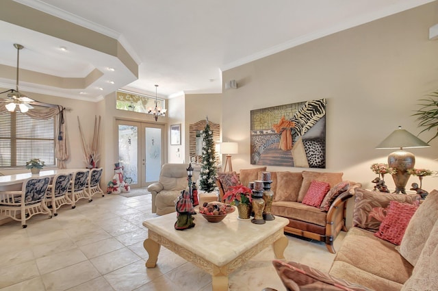 tiled living room featuring crown molding, french doors, and ceiling fan with notable chandelier