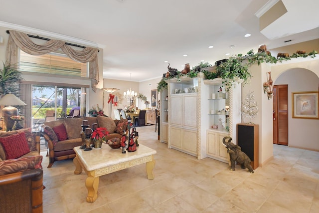 living room with a chandelier