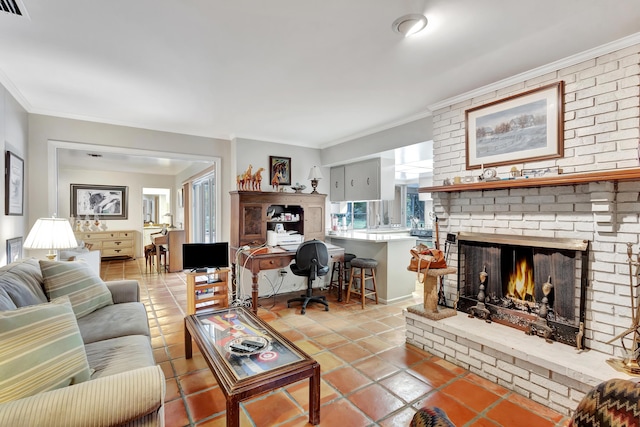 tiled living room with a brick fireplace and ornamental molding