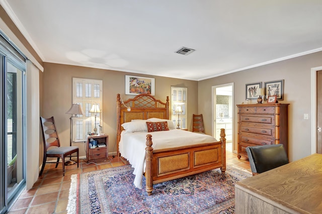 tiled bedroom featuring crown molding