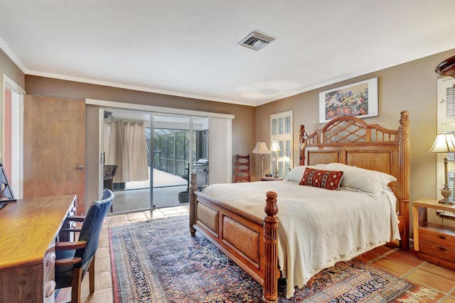 tiled bedroom featuring access to exterior and ornamental molding