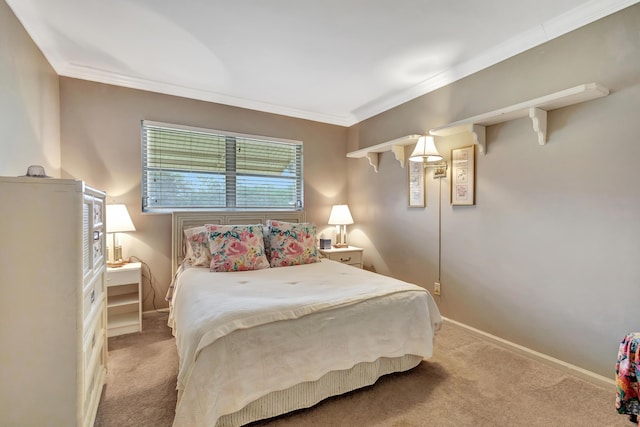 carpeted bedroom with ornamental molding