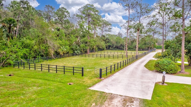 view of property's community featuring a lawn and a rural view