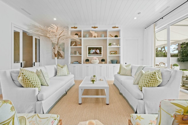 living room with wooden ceiling