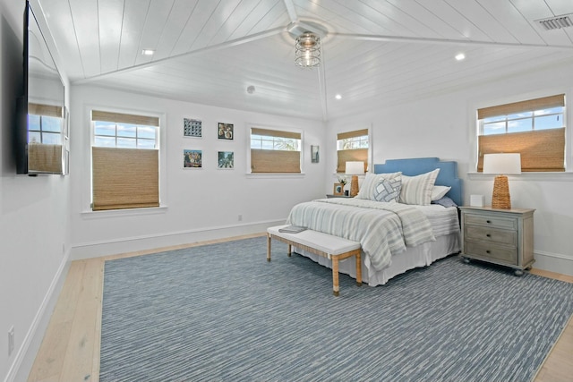 bedroom with wood ceiling, wood-type flooring, and multiple windows