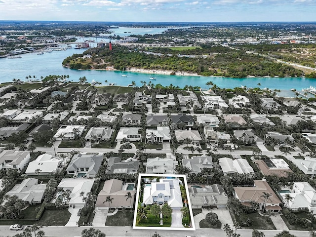 aerial view featuring a water view