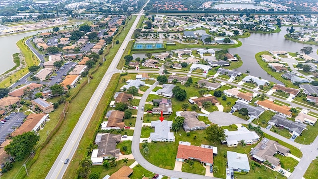 drone / aerial view featuring a water view