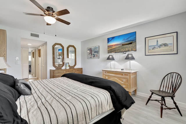 bedroom featuring ceiling fan and light hardwood / wood-style flooring