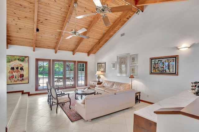 living room featuring beam ceiling, ceiling fan, wooden ceiling, and light tile patterned flooring