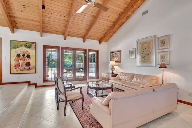 tiled living room featuring high vaulted ceiling, french doors, ceiling fan, beam ceiling, and wood ceiling