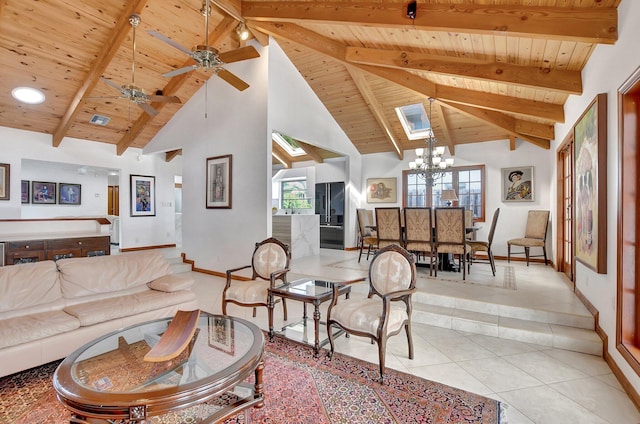 living room featuring wood ceiling, ceiling fan with notable chandelier, light tile patterned floors, beam ceiling, and high vaulted ceiling