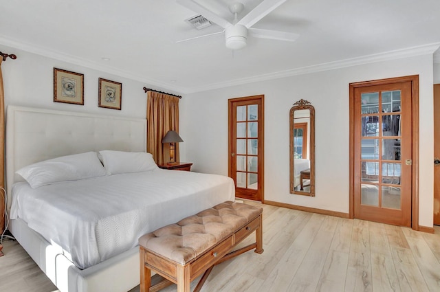 bedroom featuring ceiling fan, french doors, light wood-type flooring, and ornamental molding