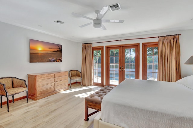 bedroom featuring french doors, ornamental molding, access to outside, ceiling fan, and light hardwood / wood-style floors