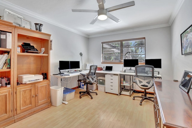 home office featuring crown molding, light hardwood / wood-style flooring, and ceiling fan