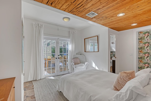 bedroom featuring access to exterior, french doors, and wood ceiling