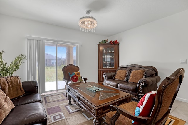 living room featuring an inviting chandelier