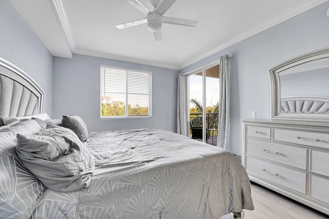 bedroom featuring multiple windows, light wood-type flooring, access to outside, and ceiling fan