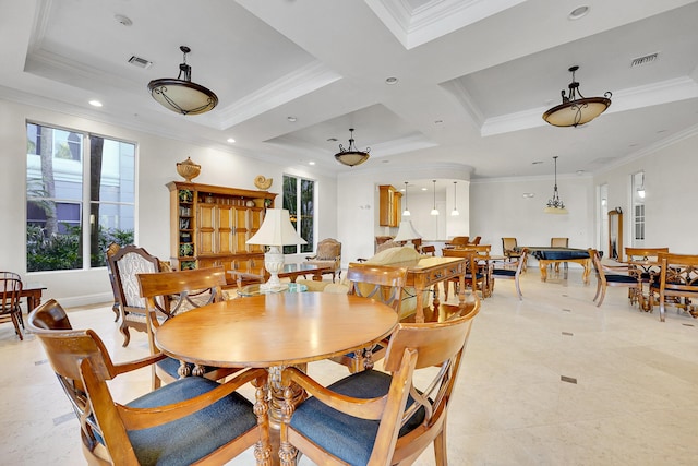 dining area featuring crown molding and coffered ceiling