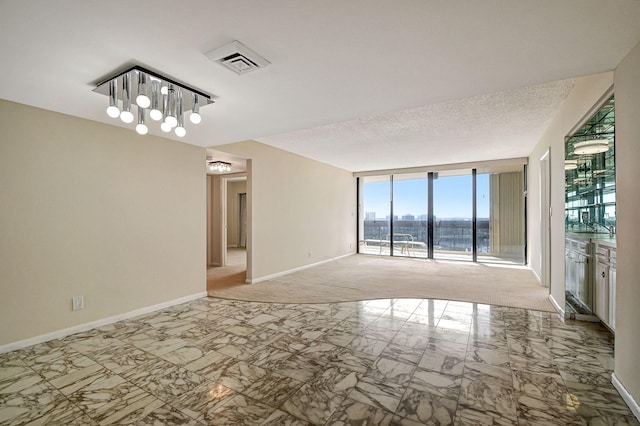 carpeted spare room with sink and a textured ceiling