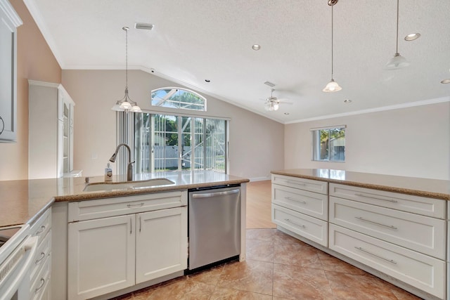 kitchen with white cabinetry, dishwasher, sink, pendant lighting, and vaulted ceiling