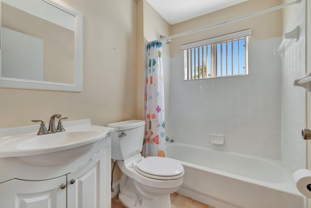 full bathroom with tile patterned flooring, shower / bath combo, vanity, and toilet