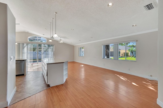 kitchen featuring vaulted ceiling, dishwasher, decorative light fixtures, and light wood-type flooring