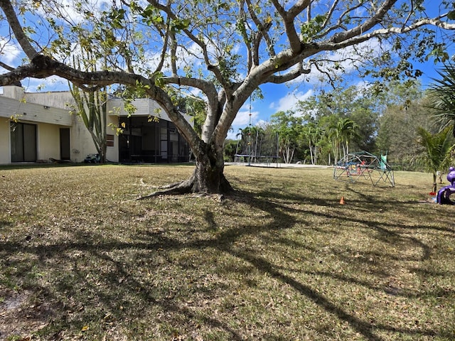 view of yard featuring playground community and a trampoline