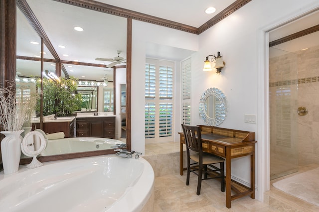 bathroom featuring recessed lighting, ceiling fan, vanity, a stall shower, and a garden tub