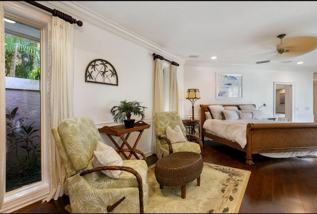 bedroom featuring access to outside, ceiling fan, dark wood-type flooring, and ornamental molding