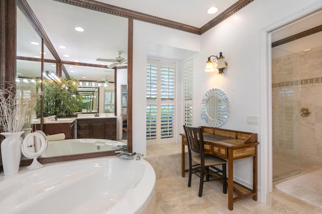 bathroom featuring ceiling fan, vanity, ornamental molding, and shower with separate bathtub