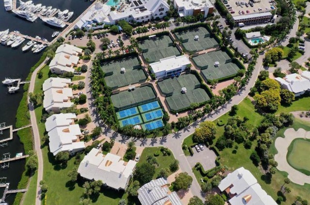 bird's eye view with a water view
