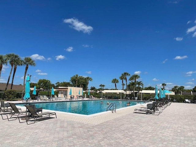 view of swimming pool featuring a patio area