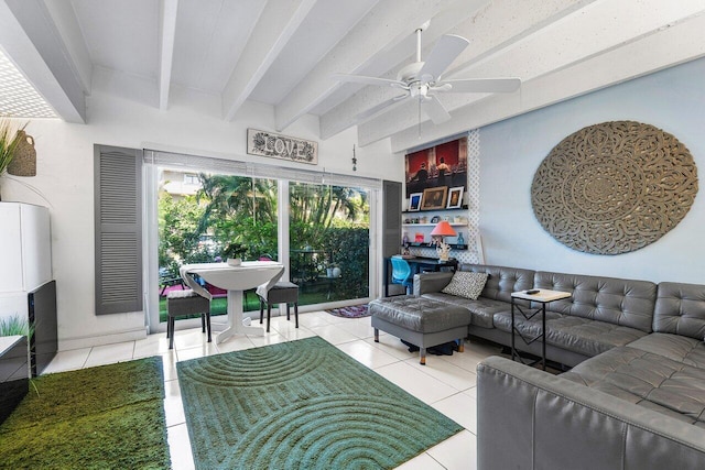 tiled living room featuring ceiling fan and beam ceiling