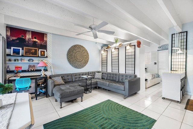 living room featuring beamed ceiling, tile patterned flooring, and ceiling fan