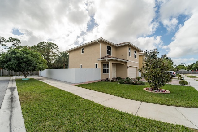 view of side of home featuring a yard and a garage