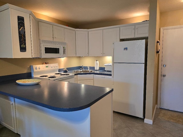 kitchen with white cabinetry, sink, light tile patterned floors, kitchen peninsula, and white appliances